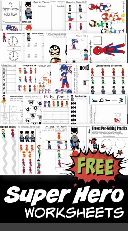 Grab your cape and get ready to have FUN learning with these Superhero Worksheets! Whether you are looking for Batman, Superman, Captain America, Green Langern, Flash, Robin, or spiderman worksheets free printables - this huge pack is sure to get your little super hero excited about learning! These superhero activities printable are perfect for toddler, preschool pre-k, kindergarten, first grade, and 2nd grade students. Simply print pdf file with free printable superhero activity sheets and you are ready to play and learn!